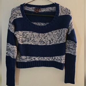 Take Out Sweater Long Sleeve Striped Blue/ White Knitted Cropped Women's Size M